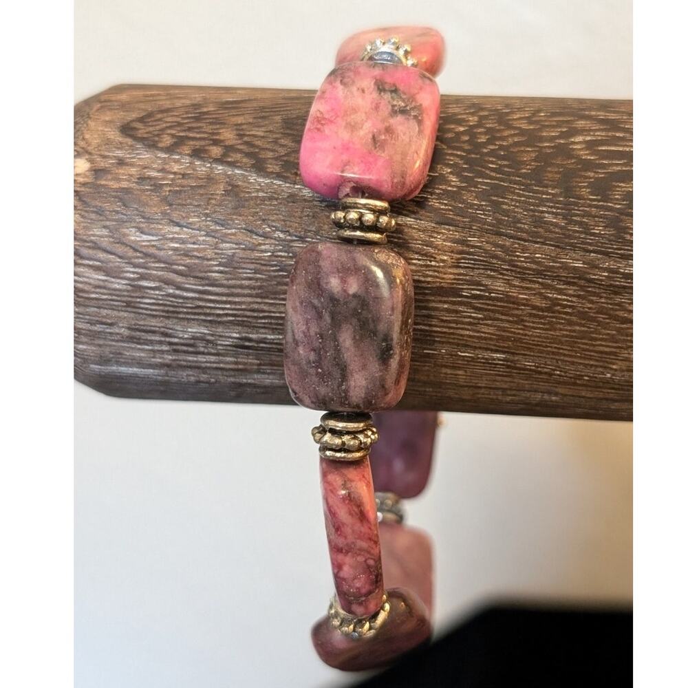 Pink Rhodonite Stone Beaded Silver Tone Dangle Bracelet